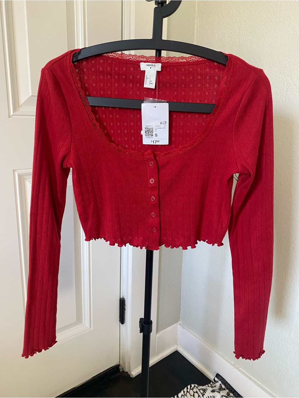Forever 21 Red Ribbed Button-Front Crop Top